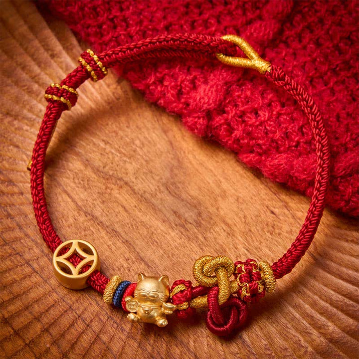 Buddha Stones Bracelet tressé de protection Golden Lucky Cat à fil rouge - Rouge foncé - image 0
