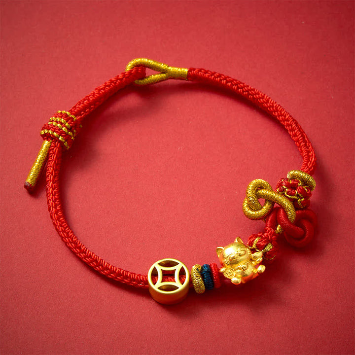 Buddha Stones Bracelet tressé de protection Golden Lucky Cat à fil rouge - image 4