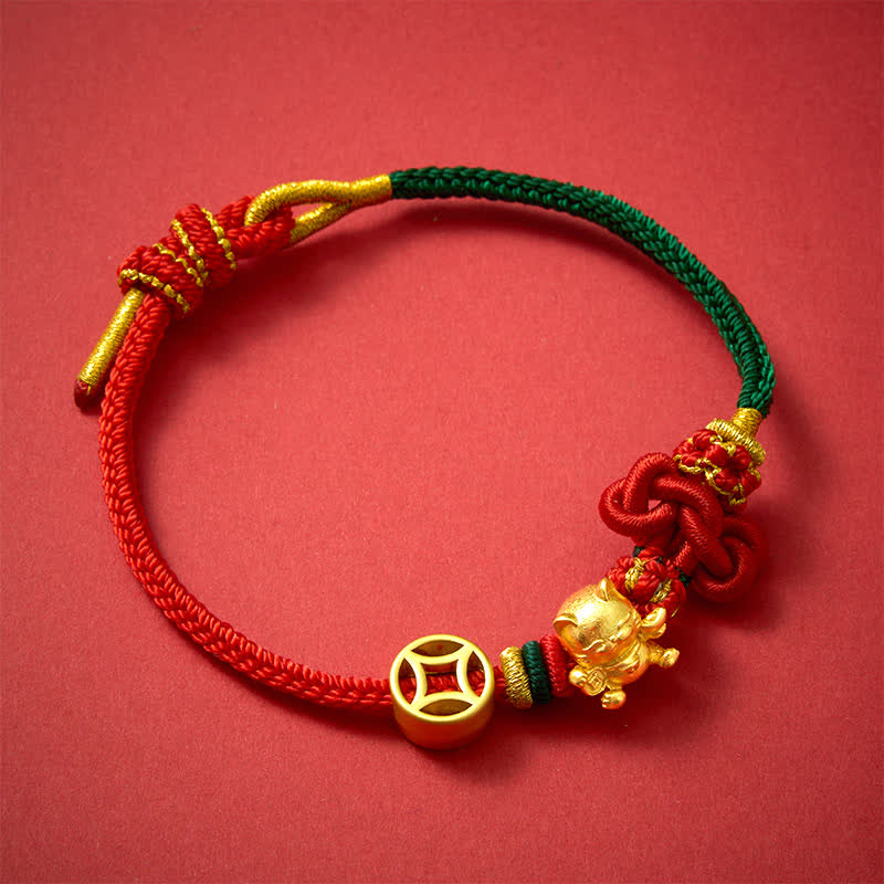 Buddha Stones Bracelet tressé de protection Golden Lucky Cat à fil rouge - image 11
