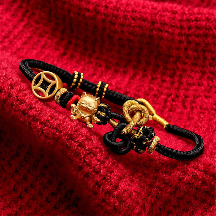 Buddha Stones Bracelet tressé de protection Golden Lucky Cat à fil rouge - image 16