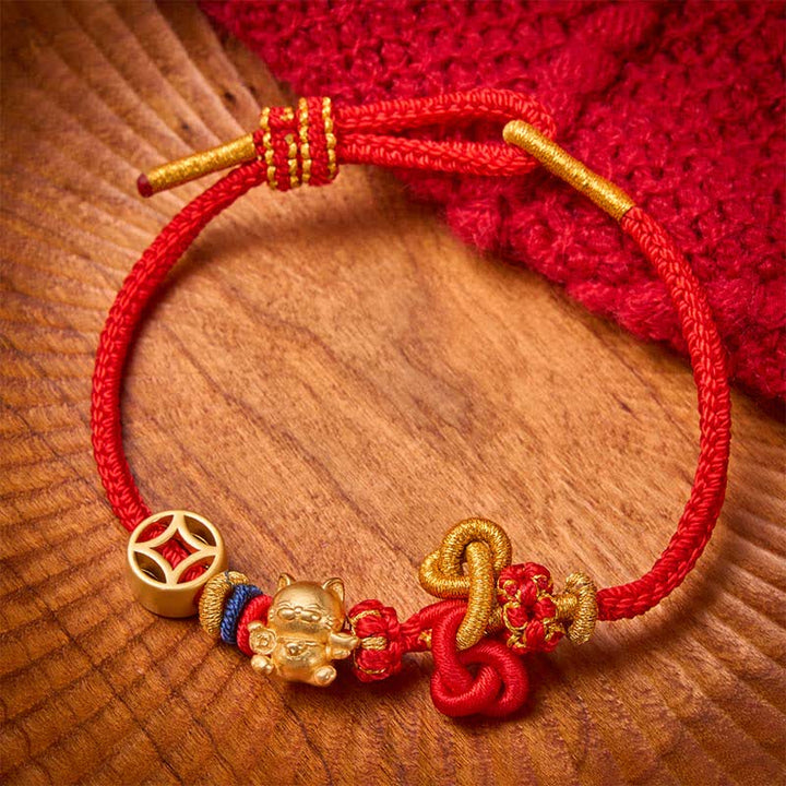 Buddha Stones Bracelet tressé de protection Golden Lucky Cat à fil rouge - Rouge - image 3