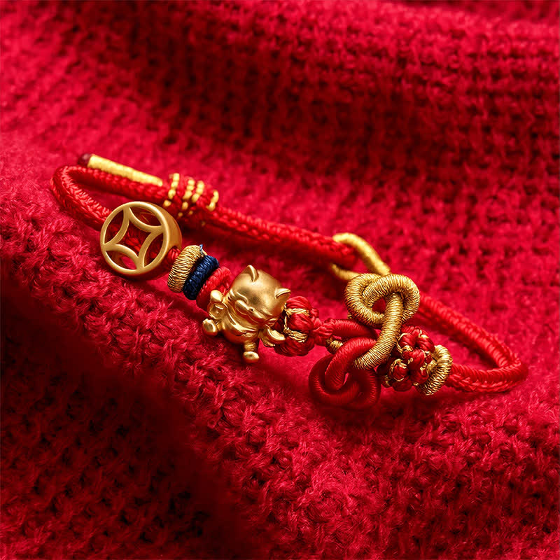 Buddha Stones Bracelet tressé de protection Golden Lucky Cat à fil rouge - image 9