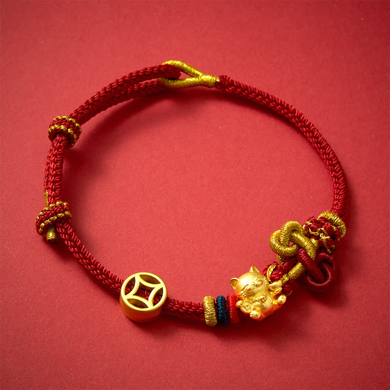 Buddha Stones Bracelet tressé de protection Golden Lucky Cat à fil rouge - image 1