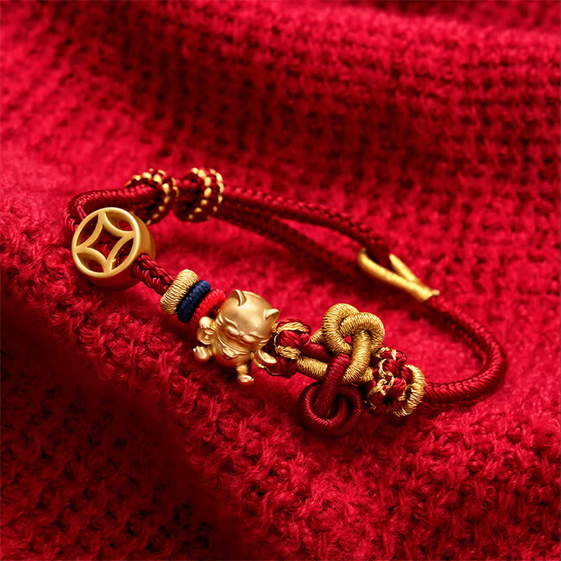 Buddha Stones Bracelet tressé de protection Golden Lucky Cat à fil rouge - image 2