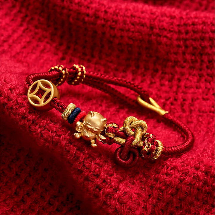 Buddha Stones Bracelet tressé de protection Golden Lucky Cat à fil rouge - image 2