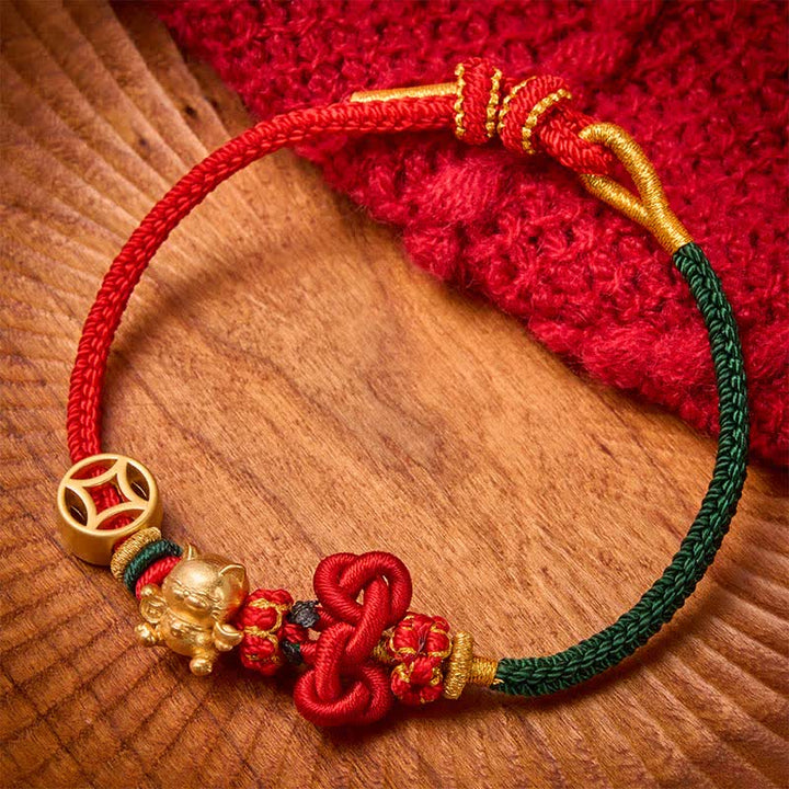 Buddha Stones Bracelet tressé de protection Golden Lucky Cat à fil rouge - Rouge Vert - image 10