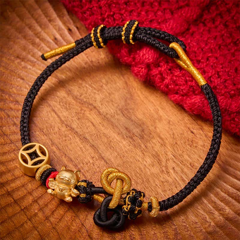 Buddha Stones Bracelet tressé de protection Golden Lucky Cat à fil rouge - Noir - image 14