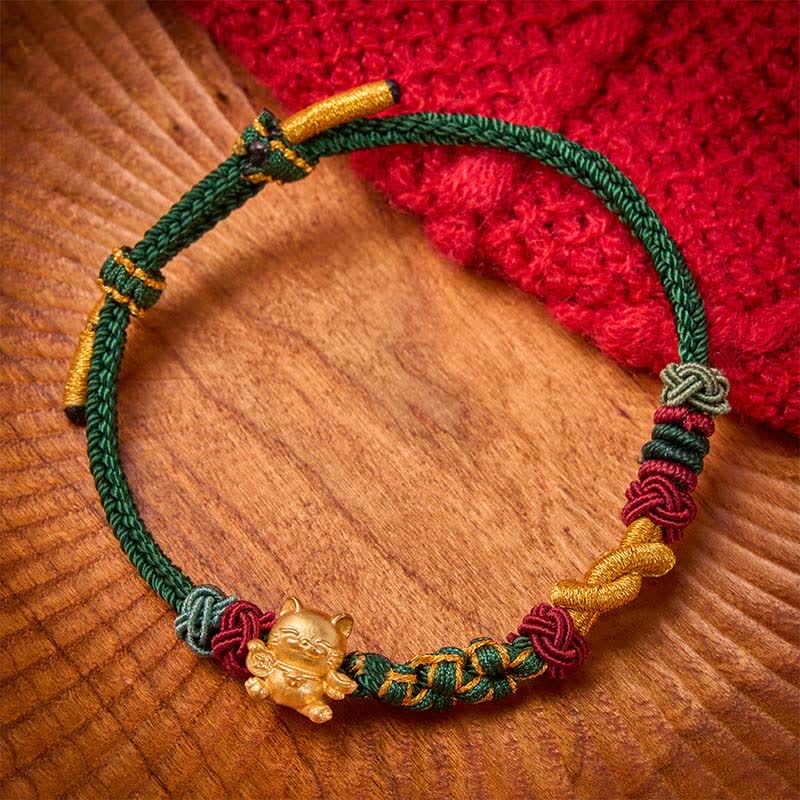 Buddha Stones Bracelet porte-bonheur chat tissé à la main en fil rouge - Cordon vert - image 0
