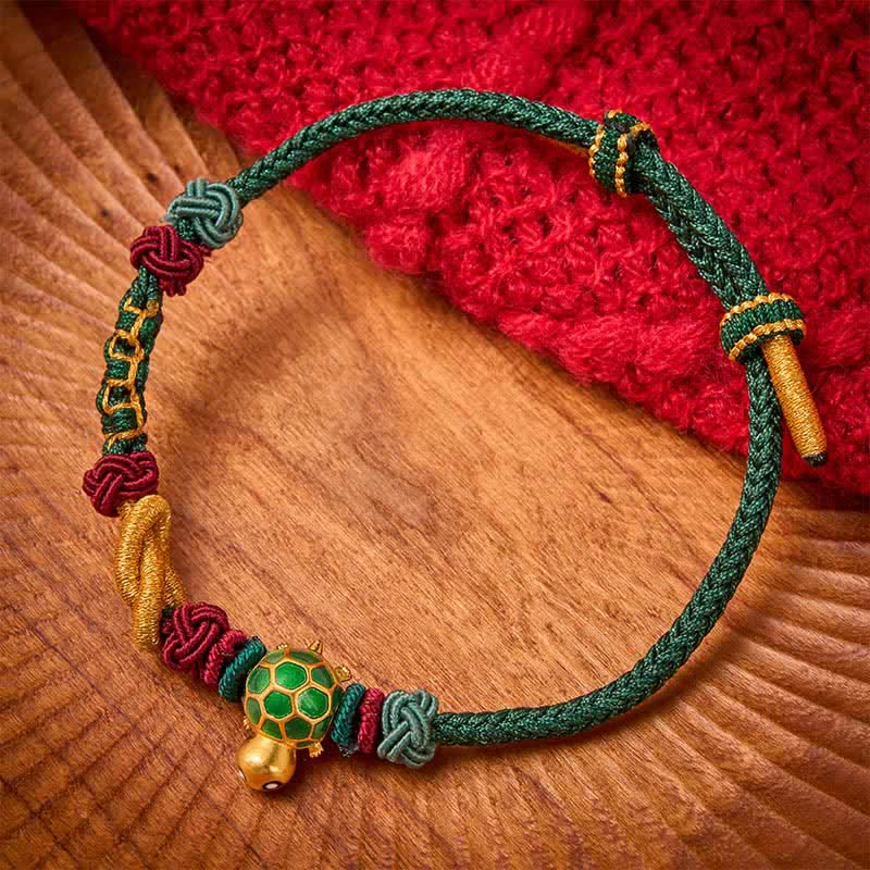 Buddha Stones Bracelet de protection en cuivre tressé à la main avec une tortue et un cordon rouge - Cordon vert - image 0