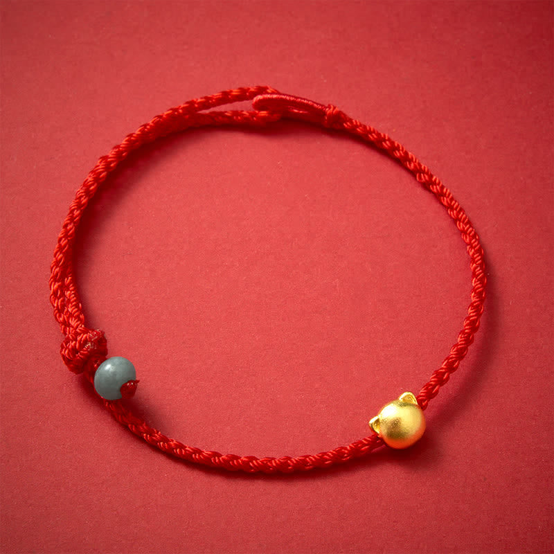 Buddha Stones Bracelet à maillons en cuivre avec tête de chat et cordon rouge jade - Cordon rouge (Protection ♥ Chance) - image 0