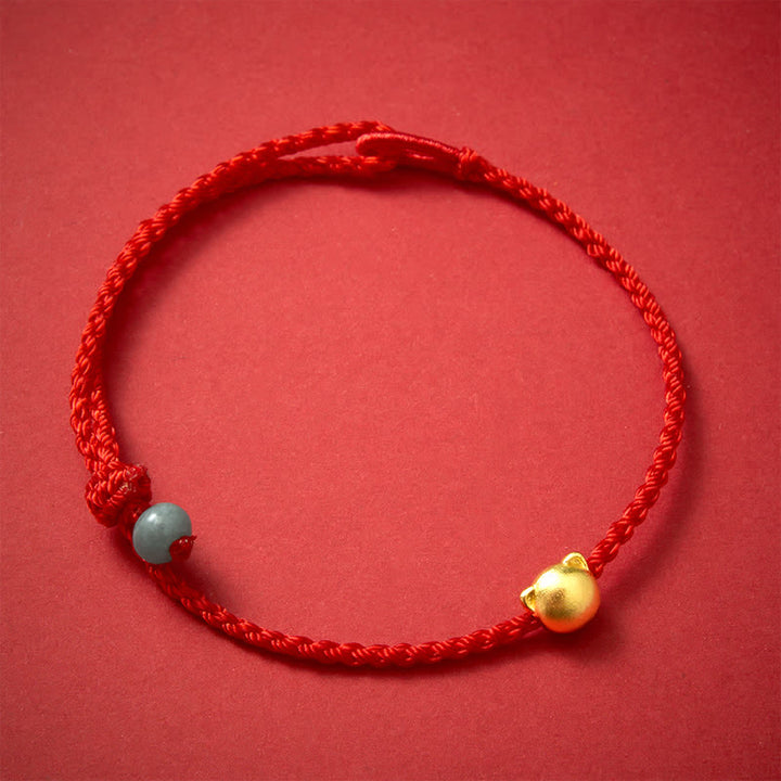 Buddha Stones Bracelet à maillons en cuivre avec tête de chat et cordon rouge jade - Cordon rouge (Protection ♥ Chance) - image 0