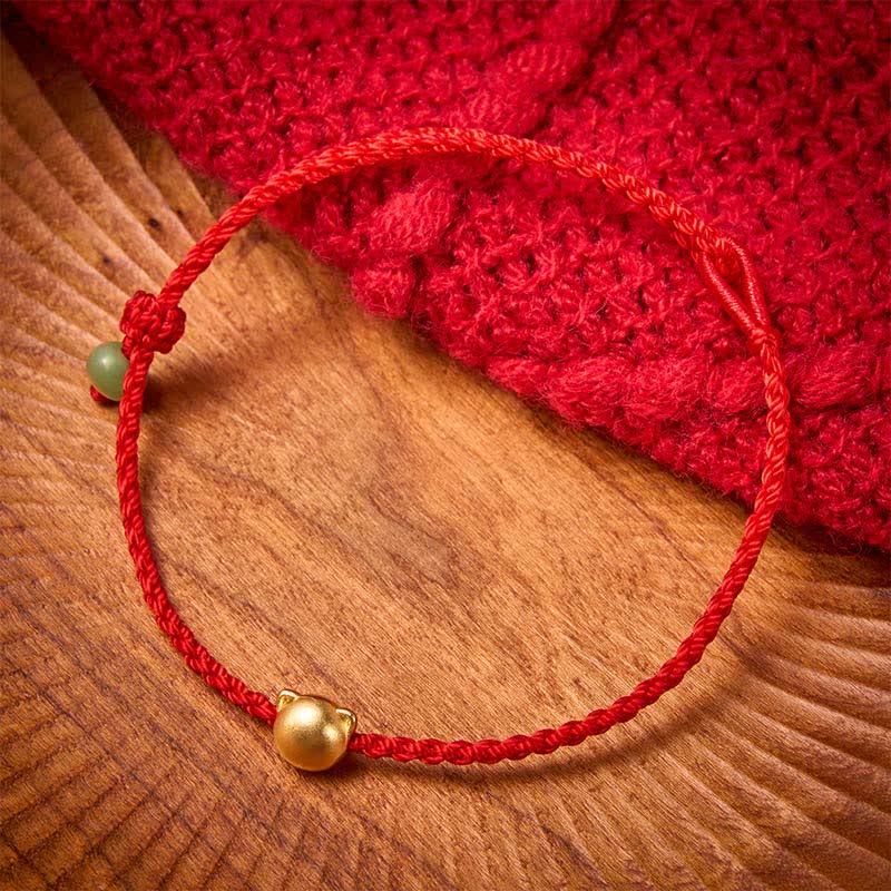 Buddha Stones Bracelet à maillons en cuivre avec tête de chat et cordon rouge jade - image 1