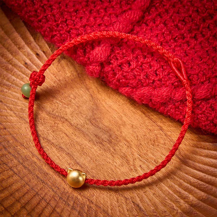 Buddha Stones Bracelet à maillons en cuivre avec tête de chat et cordon rouge jade - image 1