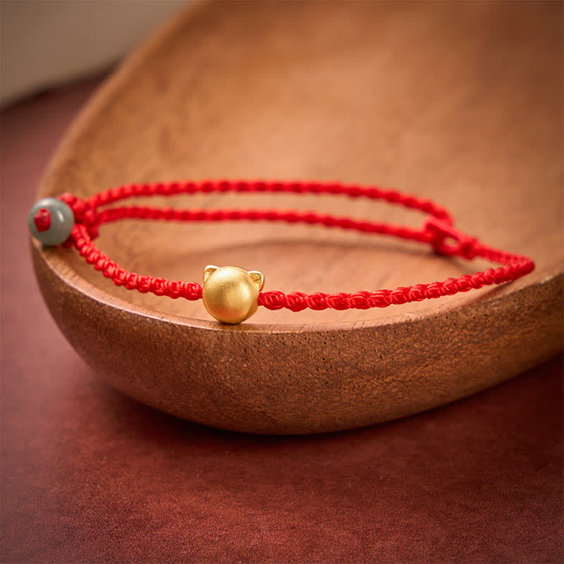 Buddha Stones Bracelet à maillons en cuivre avec tête de chat et cordon rouge jade - image 2