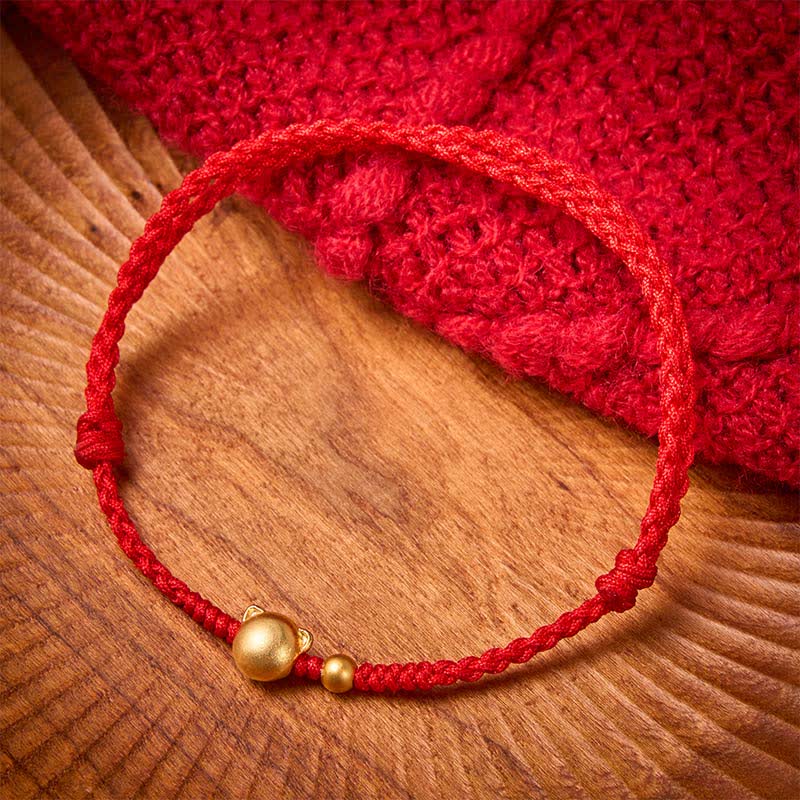 Buddha Stones Bracelet de protection à tête de chat en cuivre et fil rouge - Cordon rouge (Protection ♥ Chance) - image 0