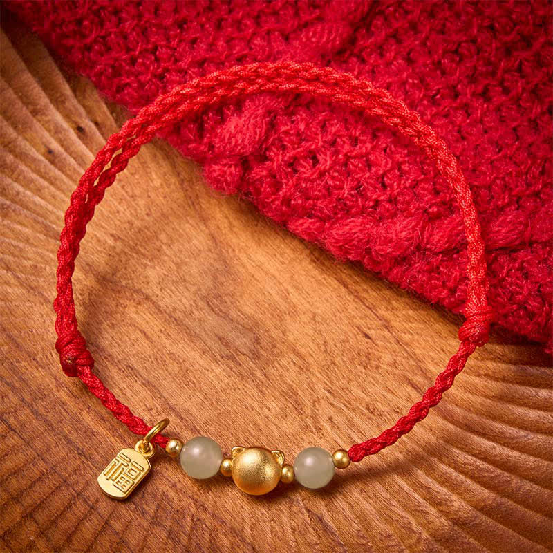 Buddha Stones Bracelet Hetian Jade Fu Character Copper Cat Red String - Cordon rouge (Protection ♥ Chance) - image 0