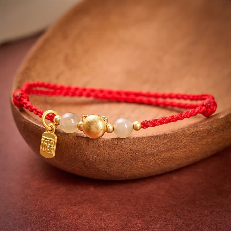 Buddha Stones Bracelet Hetian Jade Fu Character Copper Cat Red String - image 2