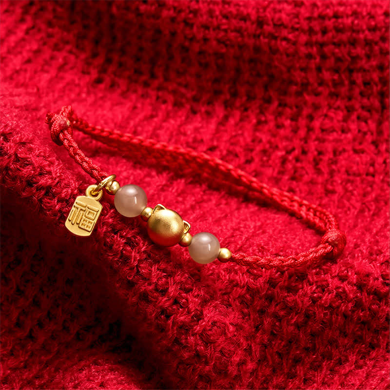 Buddha Stones Bracelet Hetian Jade Fu Character Copper Cat Red String - image 3