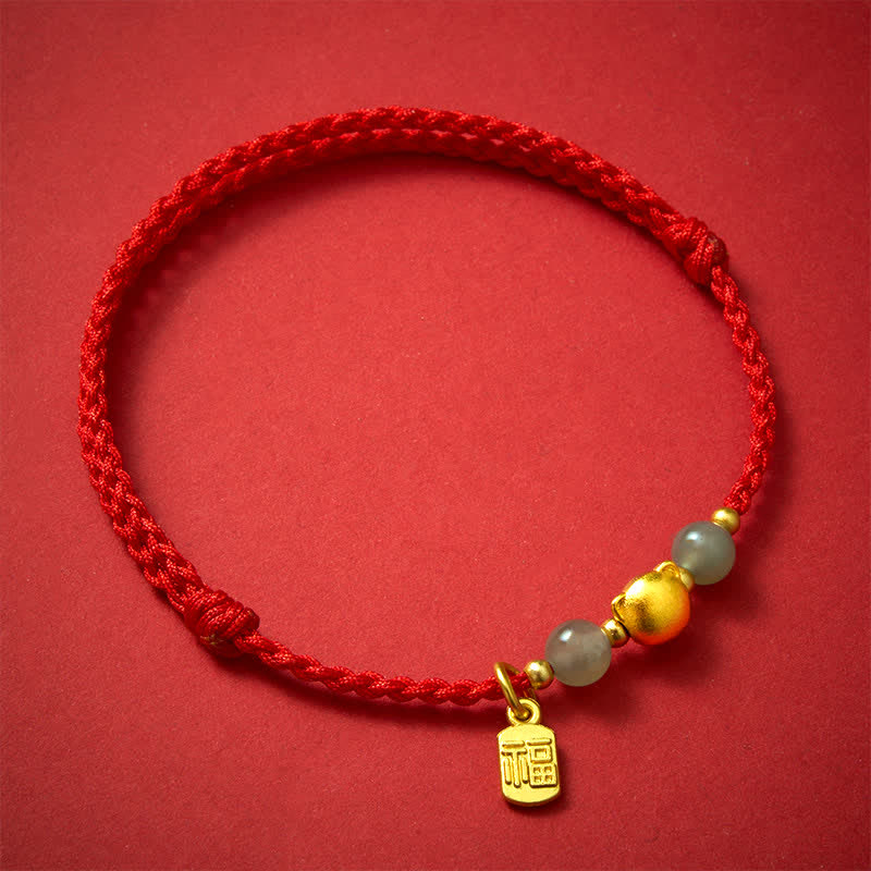 Buddha Stones Bracelet Hetian Jade Fu Character Copper Cat Red String - image 1