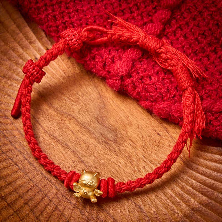 Buddha Stones Bracelet porte-bonheur chat en cuivre avec cordon rouge, symbole de richesse - Rouge - image 4