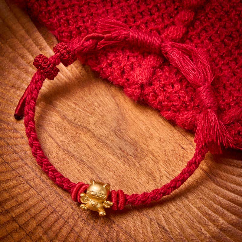 Buddha Stones Bracelet porte-bonheur chat en cuivre avec cordon rouge, symbole de richesse - Rouge foncé - image 0