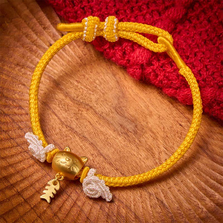 Buddha Stones Bracelet de richesse en fil jaune avec poisson-chat cuivré - image 2