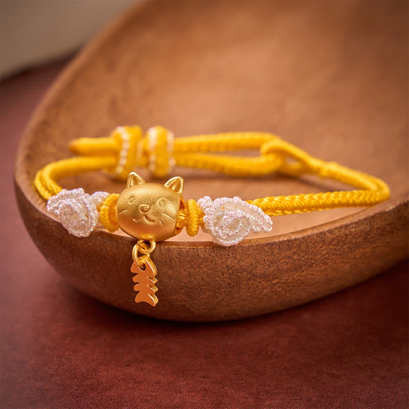 Buddha Stones Bracelet de richesse en fil jaune avec poisson-chat cuivré - image 1