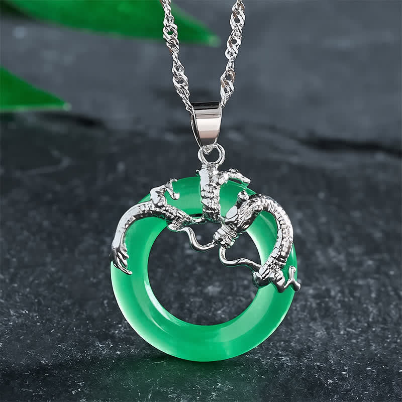 Buddha Stones Collier de protection avec pendentif rond en jade en forme de dragon - Argenté - image 7