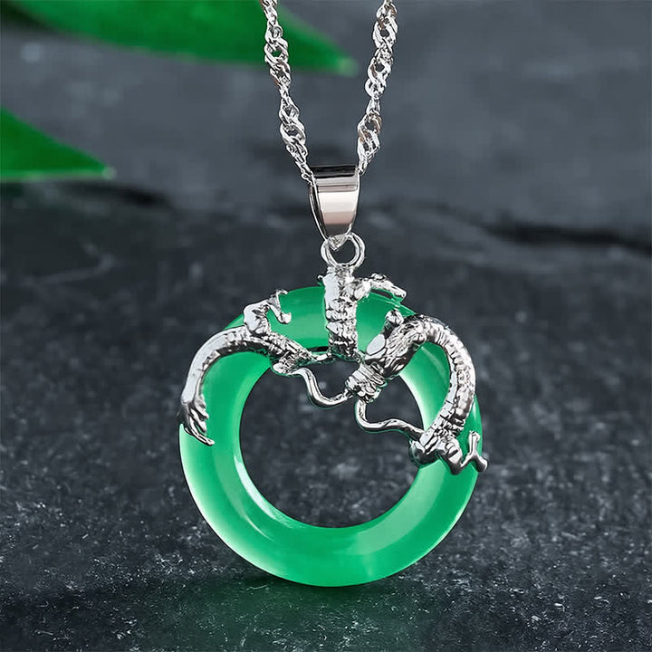 Buddha Stones Collier de protection avec pendentif rond en jade en forme de dragon - Argenté - image 7