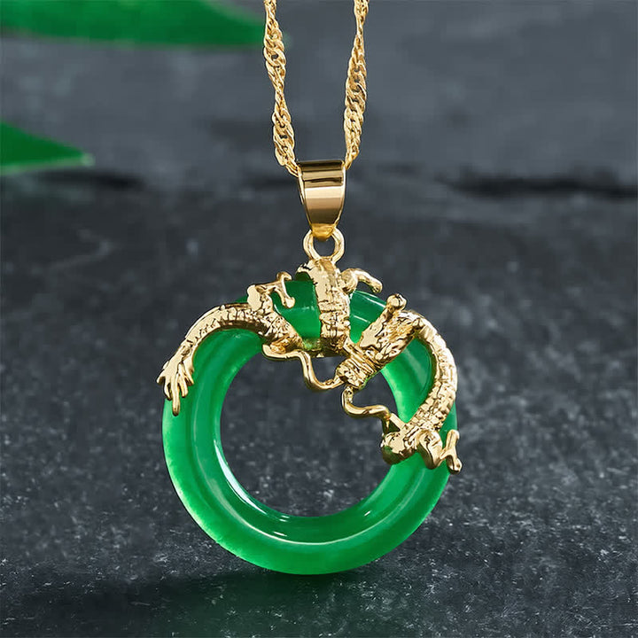 Buddha Stones Collier de protection avec pendentif rond en jade en forme de dragon - Doré - image 0