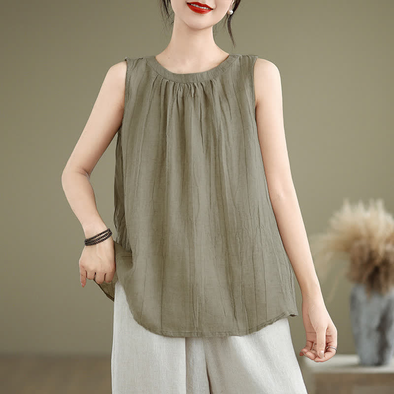 Gilet sans manches pour femme, col rond, motif froissé d'été, style simple, Buddha Stones - Kaki foncé - US8-10，UK/AU12-14，EU40-42 (2XL) - image 0