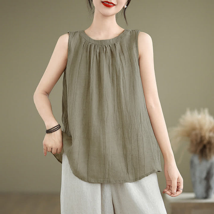 Gilet sans manches pour femme, col rond, motif froissé d'été, style simple, Buddha Stones - DarkKhaki - US8-10，UK/AU12-14，EU40-42 (2XL) - image 0