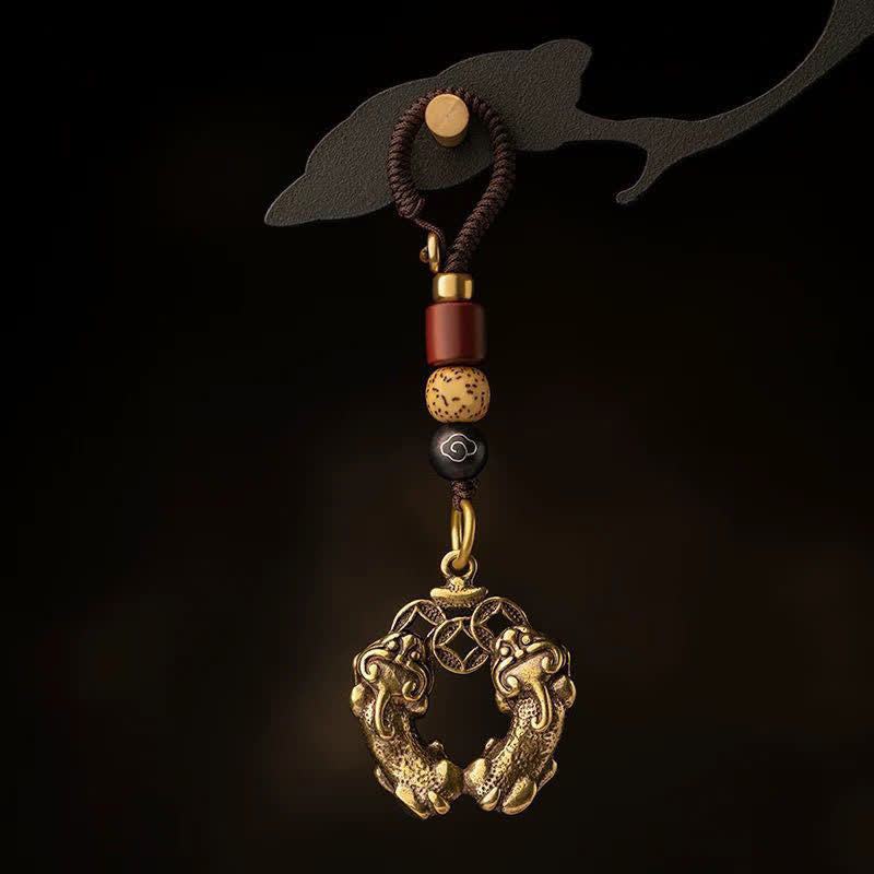 Buddha Stones Porte-clés vintage en laiton, double pièce de monnaie chinoise Pi Xiu, symbole de richesse - Porte-clés en forme de pièce de monnaie chinoise Pi Xiu (Dimensions du pendentif : environ 30 x 20 mm) - image 0