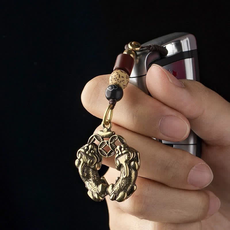 Buddha Stones Porte-clés vintage en laiton, double pièce de monnaie chinoise Pi Xiu, symbole de richesse - image 3