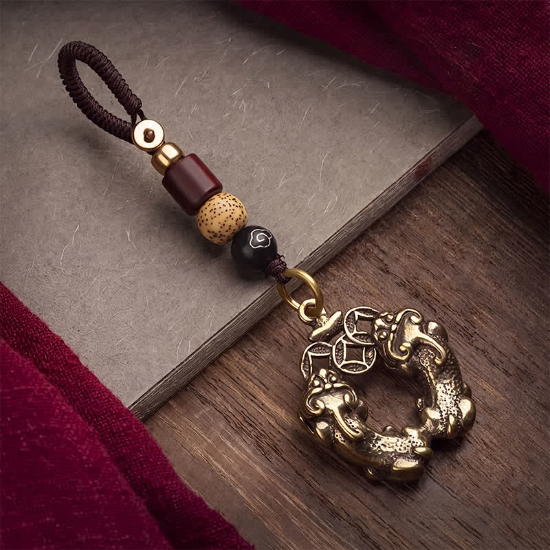 Buddha Stones Porte-clés vintage en laiton, double pièce de monnaie chinoise Pi Xiu, symbole de richesse - image 1