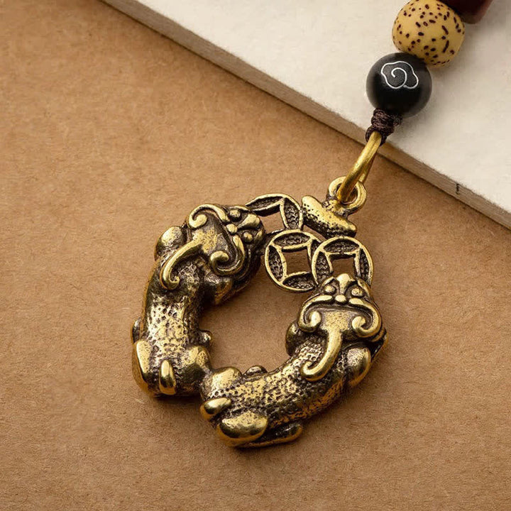 Buddha Stones Porte-clés vintage en laiton, double pièce de monnaie chinoise Pi Xiu, symbole de richesse - image 2