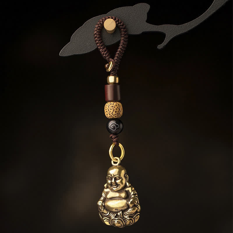 Buddha Stones Porte-clés tressés en laiton représentant un Bouddha rieur, symbole de chance et d'ancrage - Bouddha rieur avec corde (Dimensions du pendentif : 33 x 22 x 0,8 mm) - image 0