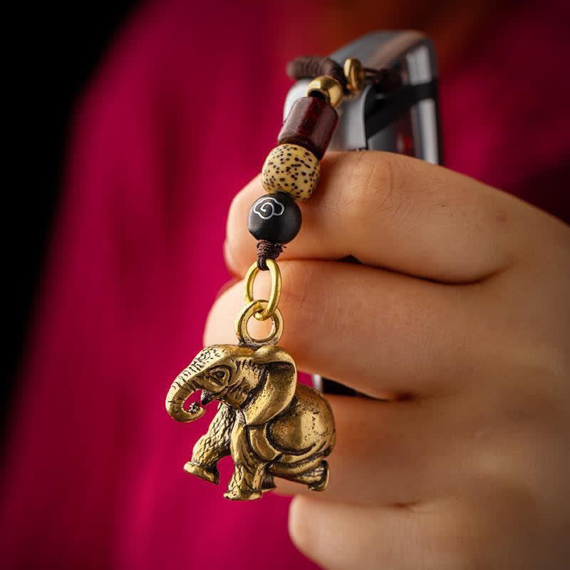 Buddha Stones Porte-clés porte-bonheur vintage en laiton avec éléphant et cinq pièces de l'empereur - image 2