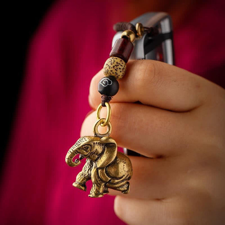 Buddha Stones Porte-clés porte-bonheur vintage en laiton avec éléphant et cinq pièces de l'empereur - image 2