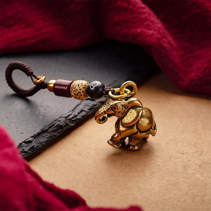 Buddha Stones Porte-clés porte-bonheur vintage en laiton avec éléphant et cinq pièces de l'empereur - image 1