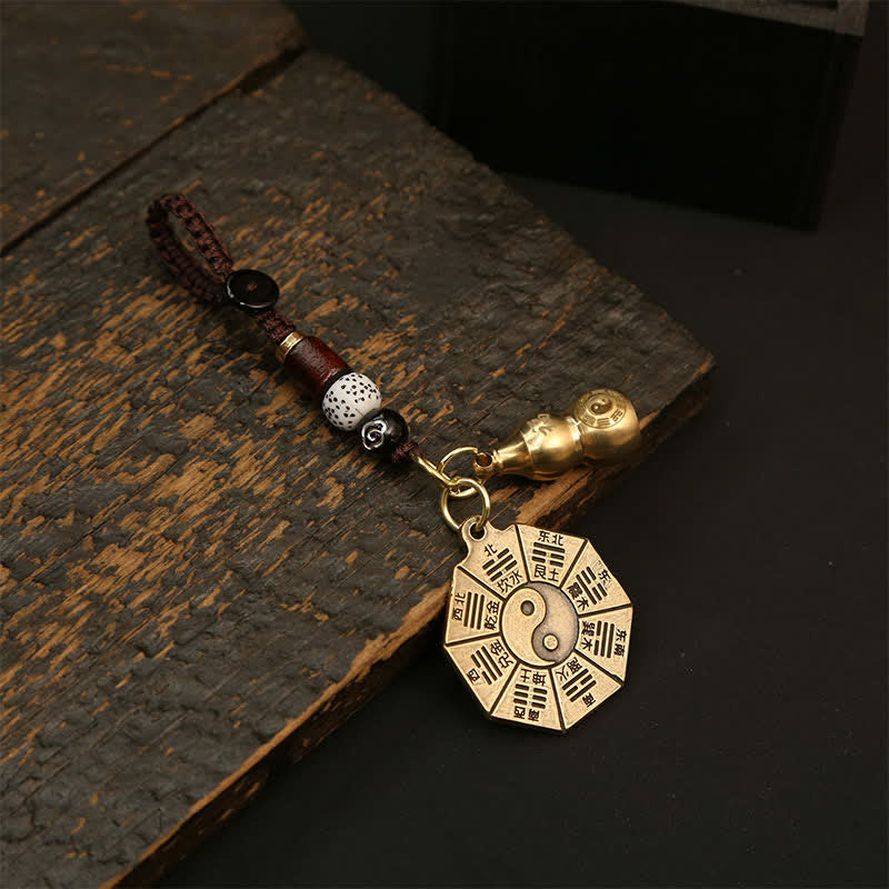 Buddha Stones Pendentif vintage en laiton Bagua Pi Xiu Cinq pièces impériales, porte-clés de protection Yin Yang - Plaque et calebasse de Bagua - image 2