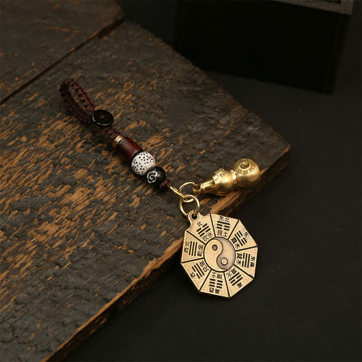 Buddha Stones Pendentif vintage en laiton Bagua Pi Xiu Cinq pièces impériales, porte-clés de protection Yin Yang - Plaque et calebasse de Bagua - image 2