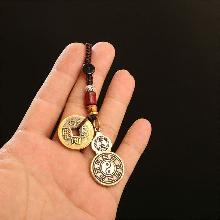 Buddha Stones Porte-clés amulette de protection en forme de calebasse Bagua en laiton Pi Xiu, ornée de cinq pièces impériales - image 13