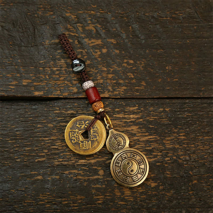 Buddha Stones Porte-clés amulette de protection en forme de calebasse Bagua en laiton Pi Xiu, ornée de cinq pièces impériales - Gourde Cinq pièces de monnaie de l'empereur - image 2