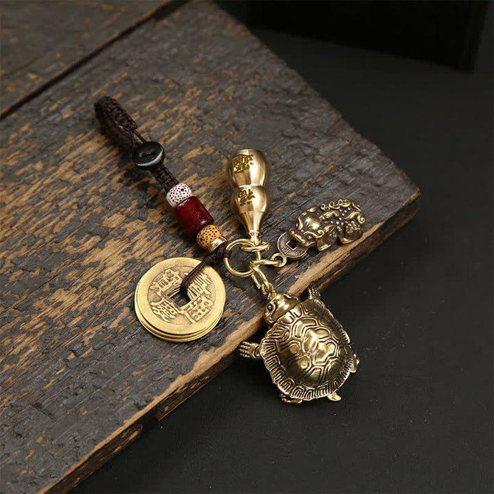 Buddha Stones Porte-clés tortue articulé en laiton, porte-bonheur de prospérité - Tortue articulée avec gourde, cinq pièces d'empereur et Pi Xiu - image 4
