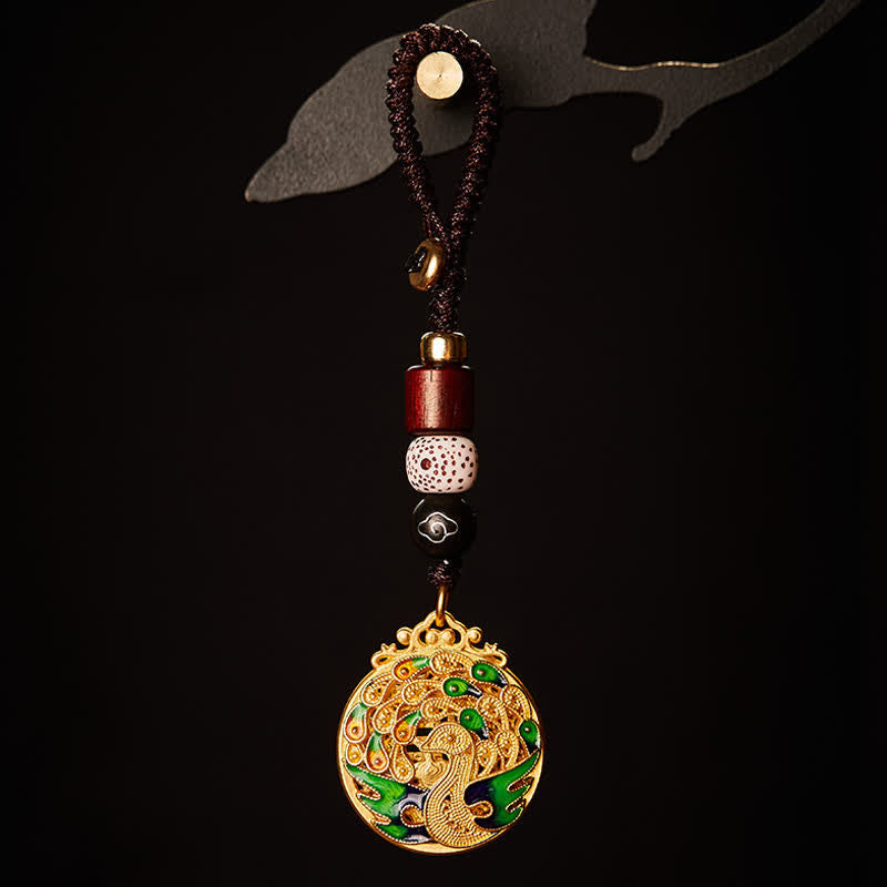 Buddha Stones Porte-clés vintage en cuivre avec le personnage de Peacock Fu - Porte-clés pendentif paon - image 1