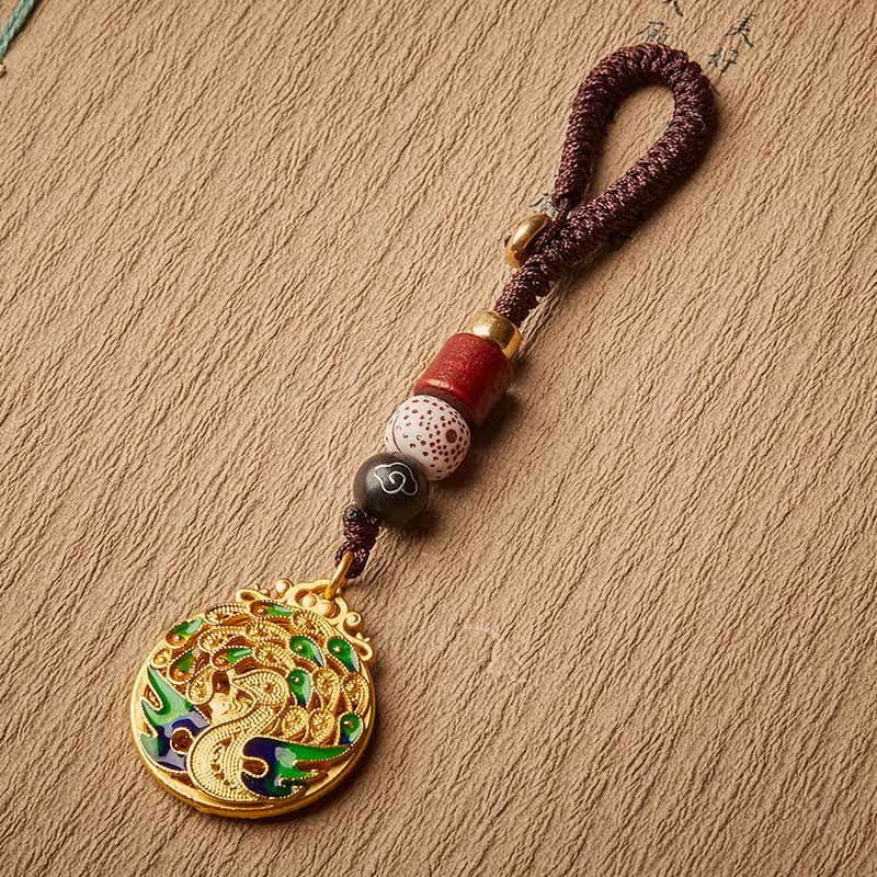 Buddha Stones Porte-clés vintage en cuivre avec le personnage de Peacock Fu - image 2