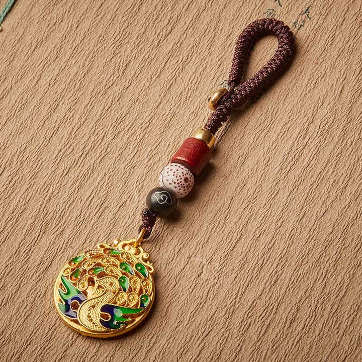 Buddha Stones Porte-clés vintage en cuivre avec le personnage de Peacock Fu - image 2