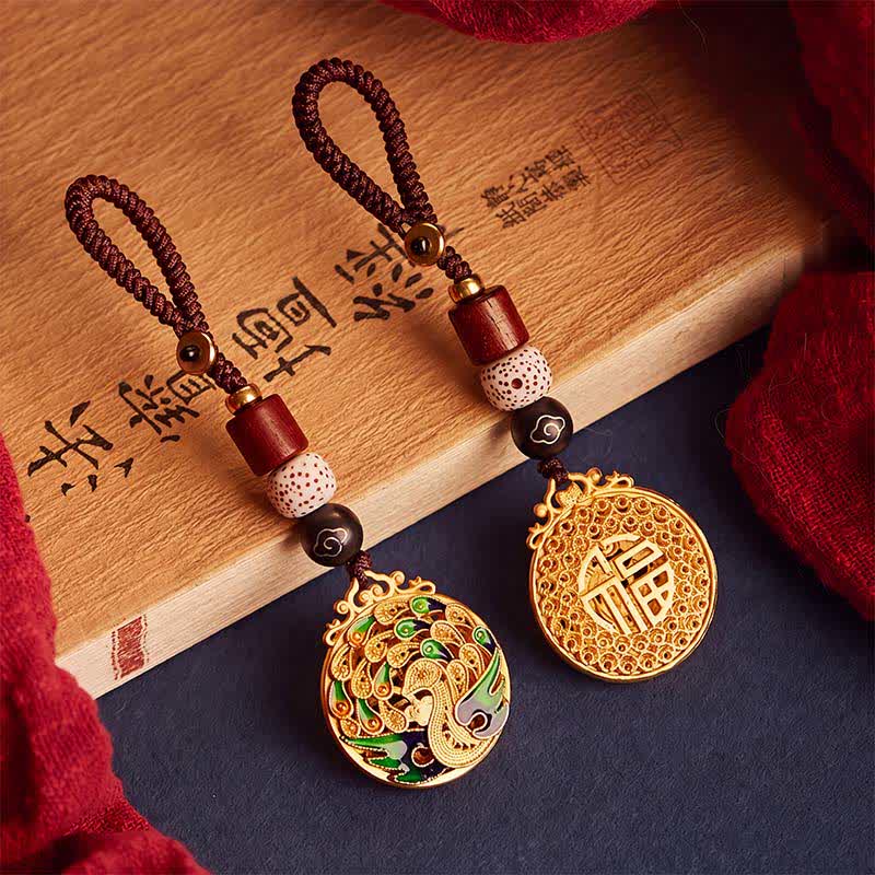 Buddha Stones Porte-clés vintage en cuivre avec le personnage de Peacock Fu - image 0