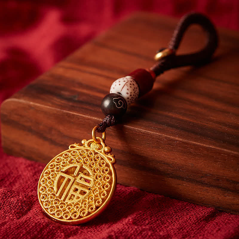 Buddha Stones Porte-clés vintage en cuivre avec le personnage de Peacock Fu - image 3